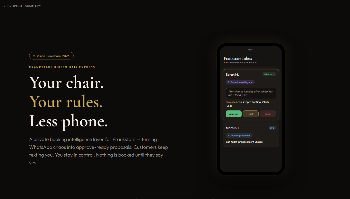 Frankstars booking assistant proposal deck