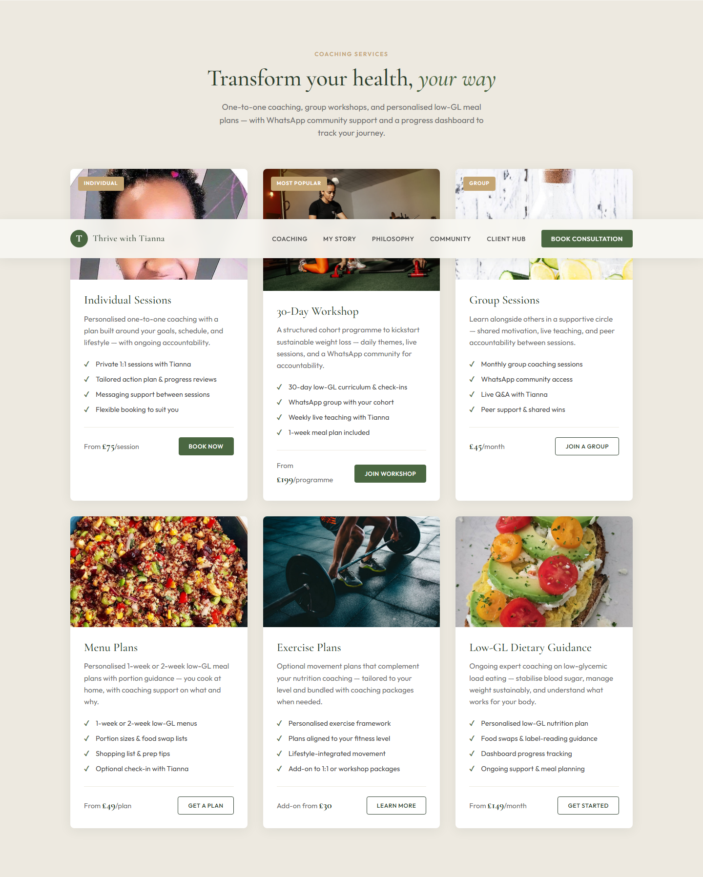 Coaching services including individual sessions, workshops, menu plans, and low-GL guidance